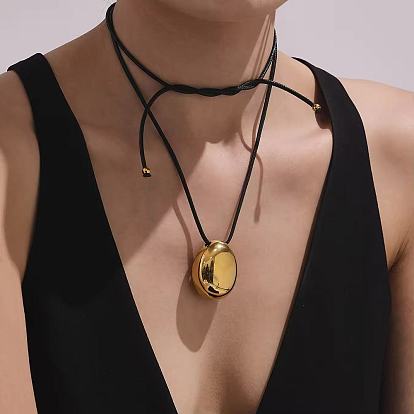 304 Collares ajustables con colgante en forma de lágrima de acero inoxidable y cordón deslizante de cuero negro para mujer