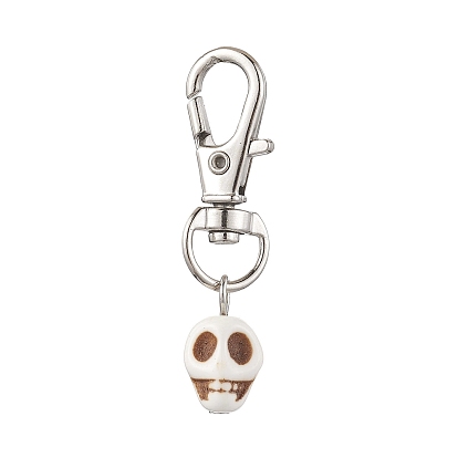 Synthetic Turquoise Skull Pendant Decorations, Alloy Swivel Lobster Claw Clasps Charms for Bag Ornaments