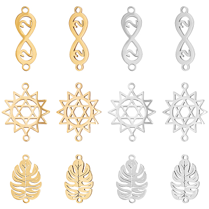 12Pcs 6 Style 201 Stainless Steel Links Connectors, Cut, Leaf & Sun & Infinity