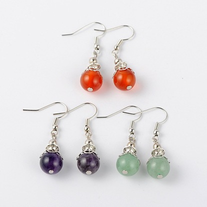 Gemstone Dangle Earrings, with Tibetan Style Alloy Beads, Iron Beads and Brass Earring Hooks, Platinum, 38mm, Pin: 0.7mm