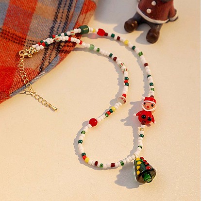 Акриловый кулон в виде рождественской елки, Санта-Клаус и стеклянные бусины для женщин, с латунными выводами из железа, золотые