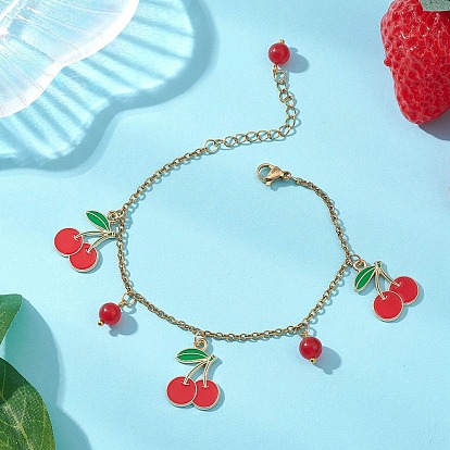 Браслеты с подвесками из вишневого сплава и эмалью, браслеты-цепочки из латуни для женщин, с натуральным и окрашенным малайзийским нефритом