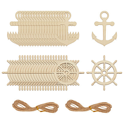 40шт 2 стили большие подвески из морского дерева, неокрашенными, подвески для якоря и руля, с 2 пучками джутового шпагата