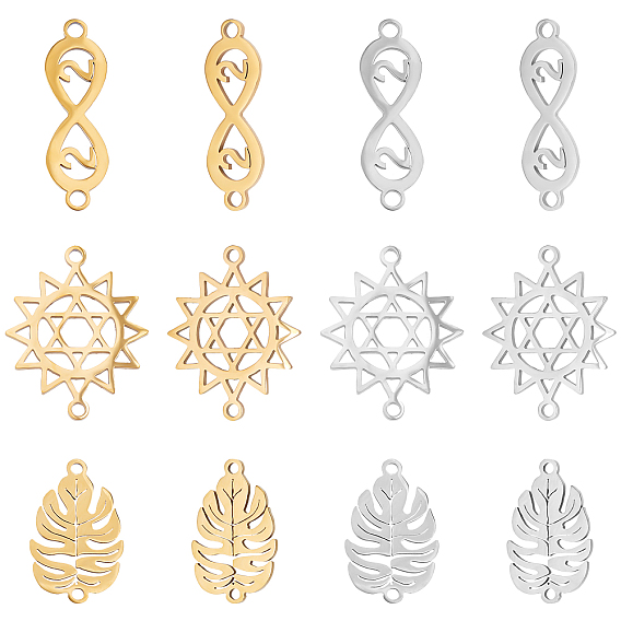 12Pcs 6 Style 201 Stainless Steel Links Connectors, Cut, Leaf & Sun & Infinity