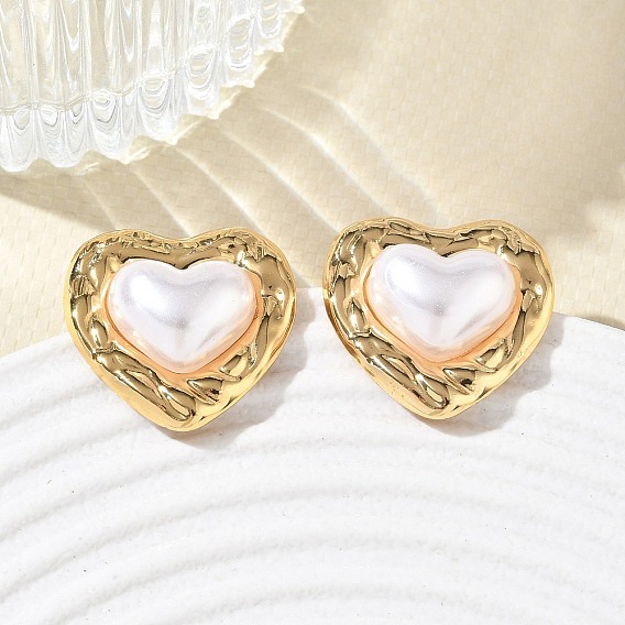 304 Stainless Steel & ABS Plastic Pearl Stud Earrings, Heart, PVD Vacuum Plating