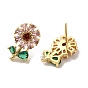 Rack Plating Real 18K Gold Plated Brass Flower of Life Stud Earrings, with Cubic Zirconia and Rhinestone, Long-Lasting Plated, Lead Free & Cadmium Free