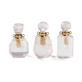 Pendentifs de bouteille de parfum à facettes en quartz rose naturel, avec les accessoires en acier inoxydable de ton d'or, charmes de diffuseur d’huiles essentielles, pour la fabrication de bijoux