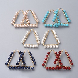 Hoop Earrings, with Shell Pearls, Copper Wire with 304 Stainless Steel Hoop Earring Findings, Triangle, Golden
