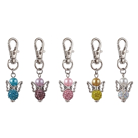 5 pcs 5 couleurs ange polymère argile strass pendentif décorations, avec perles de verre et fermoirs mousquetons pivotants en alliage