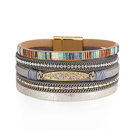 Bohemian Multi-layer Bracelet with Alloy Pendant Vintage PU Leather Inlaid Diamond Bracelet