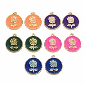 Rack Plating Alloy Pendants, with Enamel, Cadmium Free & Lead Free, Flat Round with Rose, Light Gold
