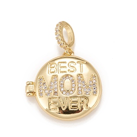 Brass Micro Pave Cubic Zirconia Locket Pendants, Photo Frame Charms for Necklaces, Real 18K Gold Plated, Lead Free & Cadmium Free, Flat Round with Word Best Mom Ever