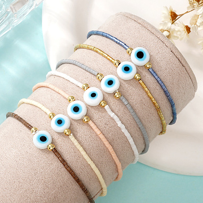 Glass Seed Beads Stretch Bracelets, Lampwork Evil Eye Jewelry for Women