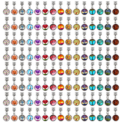 100Pcs Alloy European Dangle Charms, with 304 Stainless Steel Pendants, Flat Round with  Pattern Charms, Antique Silver