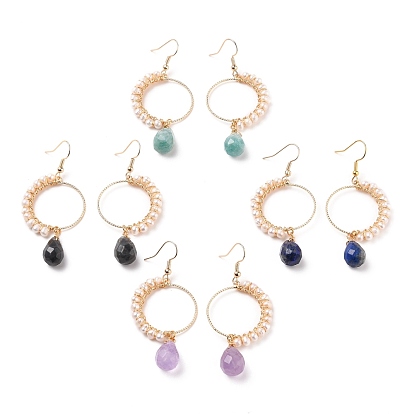 Faceted Teardrop Natural Gemstone Dangle Earrings, with Natural Pearl Beads and Brass Earring Hooks, Golden