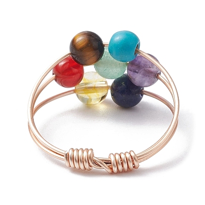 Natural & Synthetic Mixed Gemstone Round Beaded Chakra Theme Fringer Ring, Golden Copper Wire Wrap Finger Ring