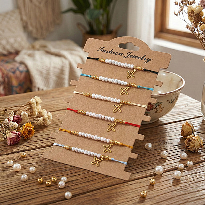 6шт. 304 браслеты с подвесками в виде крестов из нержавеющей стали, Регулируемые браслеты из латуни и круглых бусин из искусственного жемчуга для женщин.