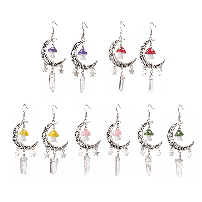 Alloy Moon with Star Chandelier Earrings, Resin Mushroom & Natural Quartz Crystal Long Drop Earrings for Women
