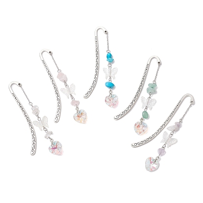 Закладки-крючки из сплава в тибетском стиле, закладки в форме сердца бабочки из акрила, натурального розового кварца, красного авантюрина, аметиста, кварцевого кристалла и синтетической бирюзы