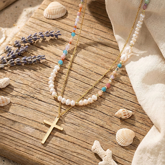 304 Stainless Steel Cross Pendant Paux Pearl & Glass & Natural Mixed Stone Beaded Double Layer Necklaces for Women, Colorful