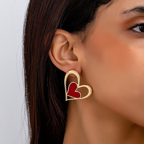 Серьги-гвоздики из цинкового сплава и акрила, сердце, золотые