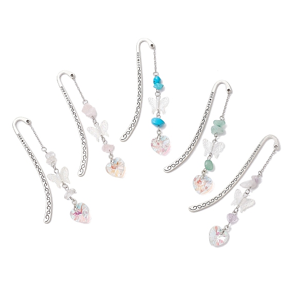 Закладки-крючки из сплава в тибетском стиле, закладки в форме сердца бабочки из акрила, натурального розового кварца, красного авантюрина, аметиста, кварцевого кристалла и синтетической бирюзы