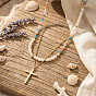 304 Stainless Steel Cross Pendant Paux Pearl & Glass & Natural Mixed Stone Beaded Double Layer Necklaces for Women, Colorful