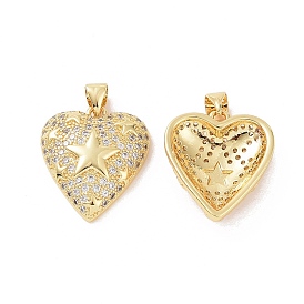 Brass Micro Pave Cubic Zirconia Pendants, Heart with Star Charm