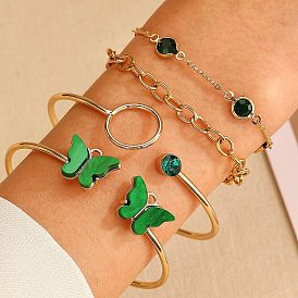Ensemble de bracelets manchette papillon et chaîne à maillons en alliage d'or léger, bijoux en résine sertis de strass