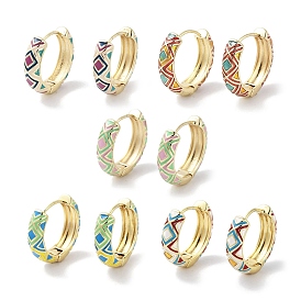 Real 18K Gold Plated Brass Enamel Rhombus Print Hoop Earrings for Women