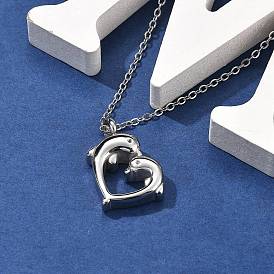 304 Stainless Steel Double Dolphin Heart Urn Ashes Necklaces, Cable Chain Necklaces for Women Men