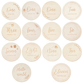 Fingerinspire 14Pcs 14 Style Natural Wood Flower Milestone Plaques, Flat Round with Word, for Photo Prop Baby Age Monthly Milestone Card