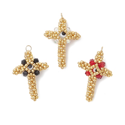 3шт. подвески-кресты из стеклянного бисера, с имитацией австрийского хрусталя, биконической стеклянной бусиной и круглой бусиной в стиле лэмпворк от сглаза, а также 304 соединительными кольцами из нержавеющей стали