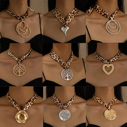 Шарфы-колье с леопардовым принтом из ткани с подвеской из сплава, золотые, песчаный коричневый