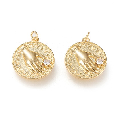 Латунные микропаве прозрачные подвески с фианитом, долговечный, плоские круглые пальмовыми