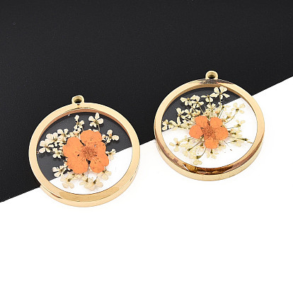 304 подвески из нержавеющей стали с эпоксидной смолой, плоский круглый с засушенным цветком, ионное покрытие (ip), реальный 18 k позолоченный