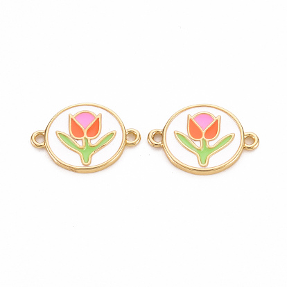 Brass Enamel Links Connectors, Cadmium Free & Nickel Free & Lead Free, Flat Round with Flower