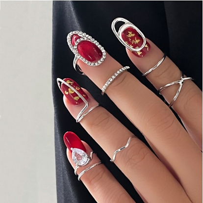 7Pcs Alloy AFingernail Rings, Nail Cover Ring, with Rhinestone
