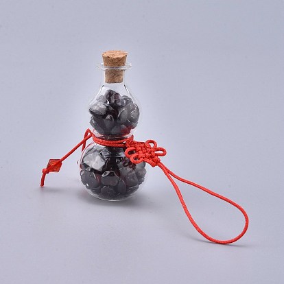 Transparent Glass Wishing Bottle Pendant Decoration, with Natural Gemstone Chips inside, Cork Stopper, Chinese Knot Nylon Cord and Glass Beads, Gourd