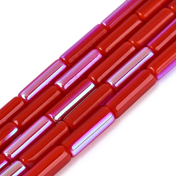 Electroplate Opaque Glass Beads Strands, Tube, Rainbow Plated, Half Plated