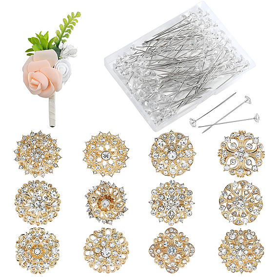 Наборы для украшения вечеринки своими руками, включая бутоньерку из искусственных цветов из шелковой ткани., с металлическими стразами на лацканах и пластиковыми прямыми булавками с алмазной головкой.