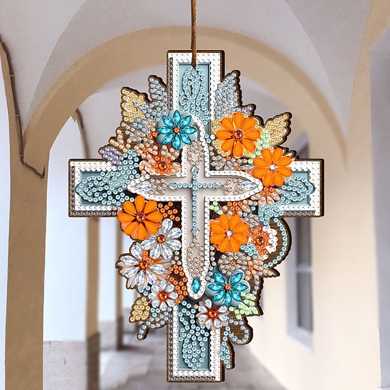Religion Cross & Flower DIY Diamond Painting Pendant Decoration Kit, Including Resin Rhinestones Bag, Diamond Sticky Pen, Tray Plate and Glue Clay