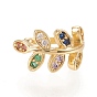Brass Micro Pave Cubic Zirconia Cuff Earrings, Leaf, Colorful