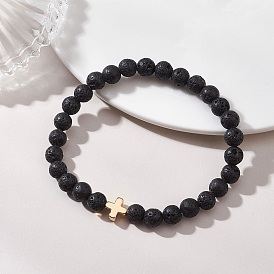 Круглые бусины из натуральной лавы, эластичные браслеты, латунные крестики для женщин и мужчин