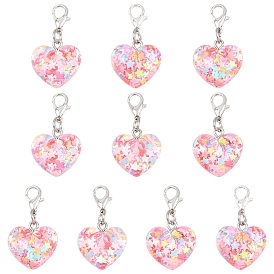 10 Décorations pendentifs en forme de cœur en résine transparente pailletée, avec alliage homard fermoirs pince, platine