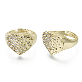 Brass Micro Pave Clear Cubic Zirconia Adjustable Rings, Nickel Free, Heart