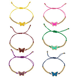 6шт 6 цвета сплав эмалированные звенья браслеты, регулируемые браслеты из нейлоновой нити, бабочка, с золотыми латунными бисера
