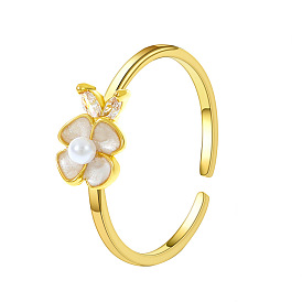 Cubic Zirconia Clover with Plastic Pearl Open Cuff Ring, Alloy Finger Ring