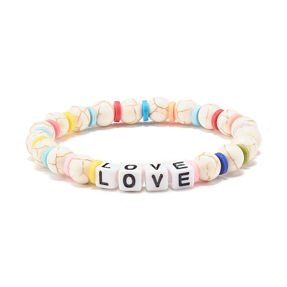 Elastic Crystal Thread Stretch Bracelets, Beaded Bracelets, with Acrylic Letter European Beads, Synthetic Turquoise(Dyed) Beads & Polymer Clay Beads, with Word Love, for Valentine's Day