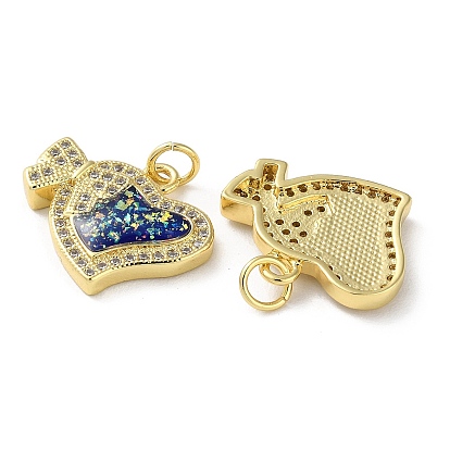 Valentine's Day Brass Micro Pave Clear Cubic Zirconia Pendants, with Synthetic Opal, Real 18K Gold Plated, Heart with with Bowknot Charms